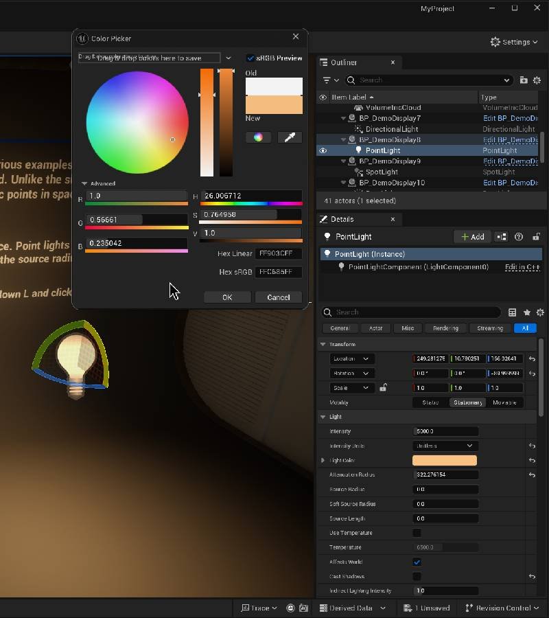 Light properties in Details panel